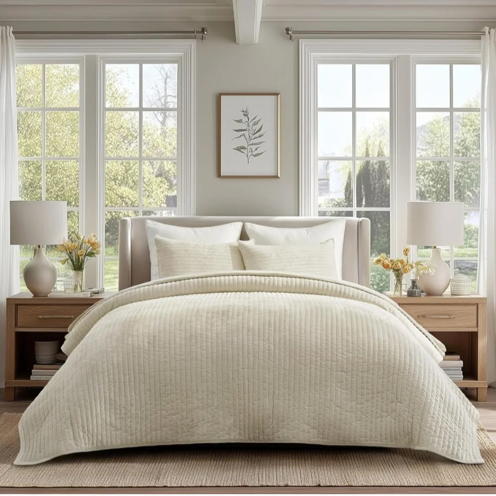 EVERGRACE Velvet Quilt Set Queen Size Luxurious Soft Striped Channel Bedding Set